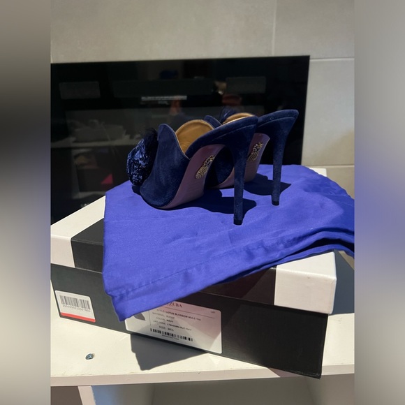 Aquazzura // Navy Blue Suede Lotus Blossom Mules - Picture 4 of 5